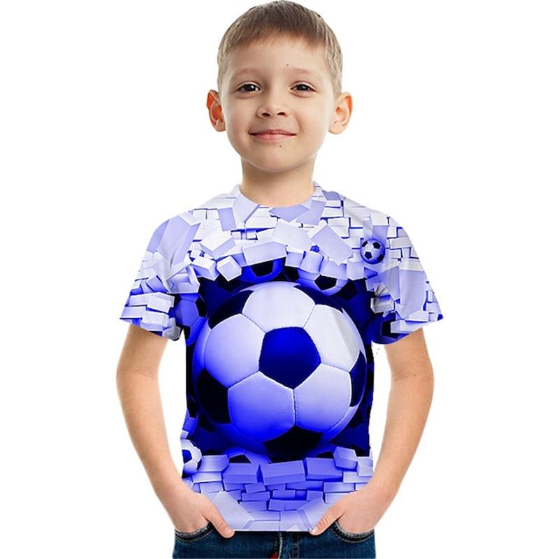 Summer Round Neck 3D Colorful Football Pattern Printed Top Fashionable Casual Short Sleeved Children's Boy T-shirts