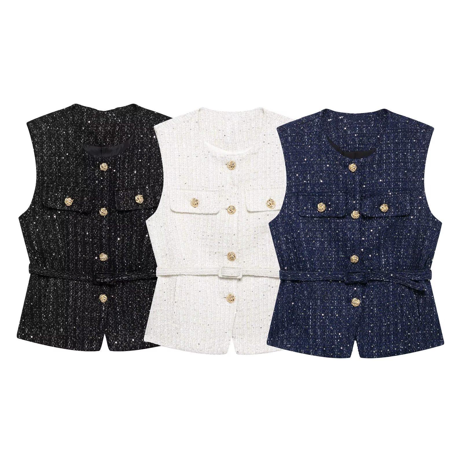 

2025 Spring Women s Slim Textured Vest and Single-Breasted Cardigan Small