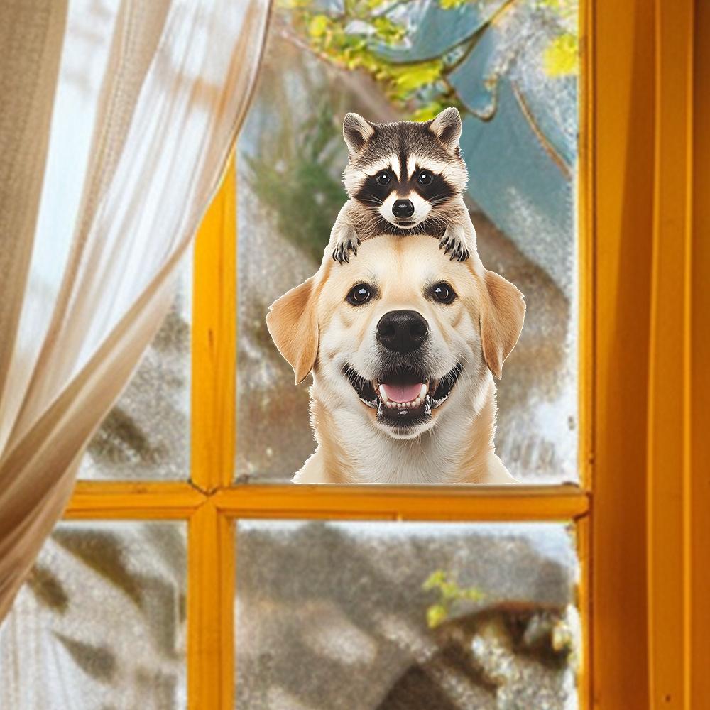 Niedlicher Golden Retriever Welpe Waschbär Balkon Glasfenster Hintergrund Verschönerung und Dekoration Fensteraufkleber