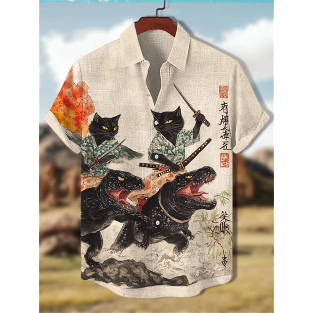 New Men's 3D Octopus Print Short Sleeved Shirt, Retro Summer Linen Shirt, Men's Holiday Casual Short Sleeved Streetwear