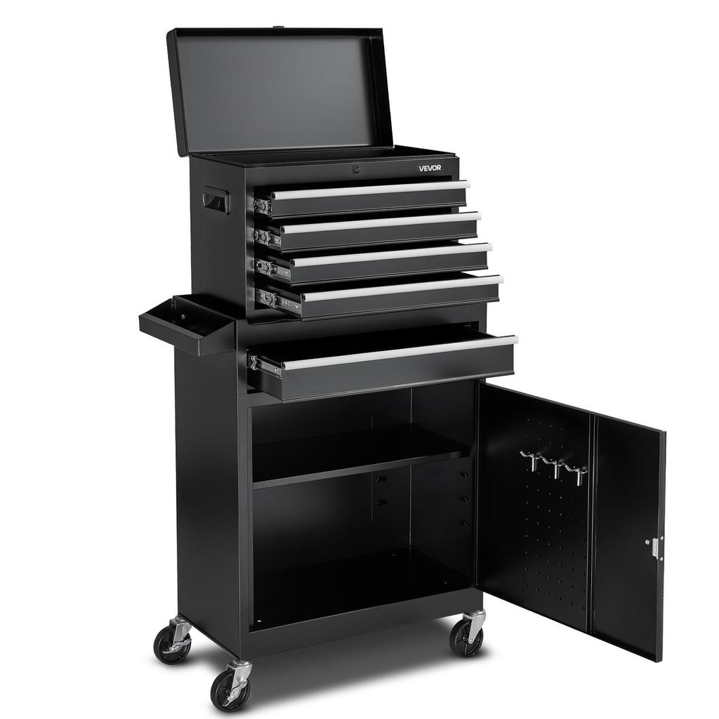 Coffre à outils à roulettes, Conception 2-en-1, Organiseur d'armoire à outils à 5 tiroirs avec Top détachable, Boîte à outils en métal, Barre de verrouillage, Revêtement de protection et Porte-outils,