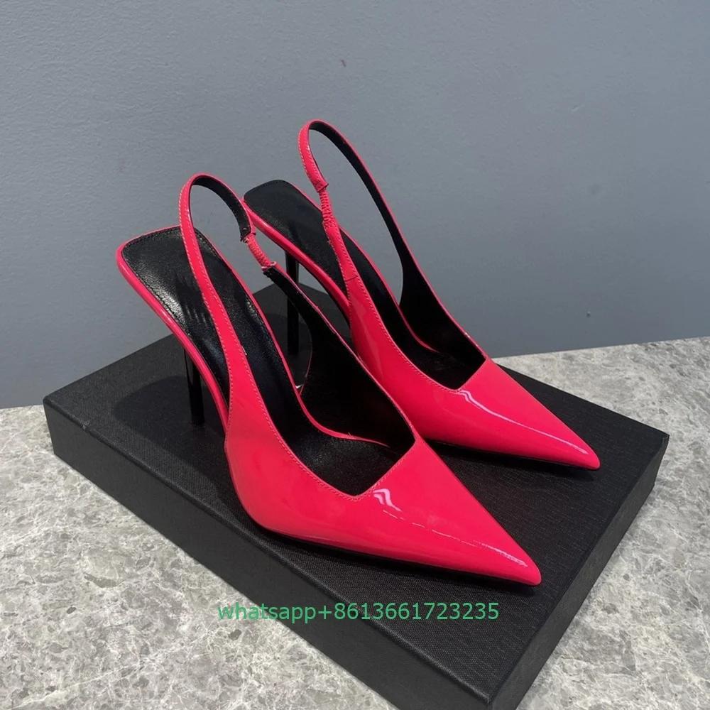 Fashion Slip On Back Strap Slingback Thin High Heels Patent Leather Square Shallow Women Pumps Pointed Toe Sexy Fashion Sandasl Pumps