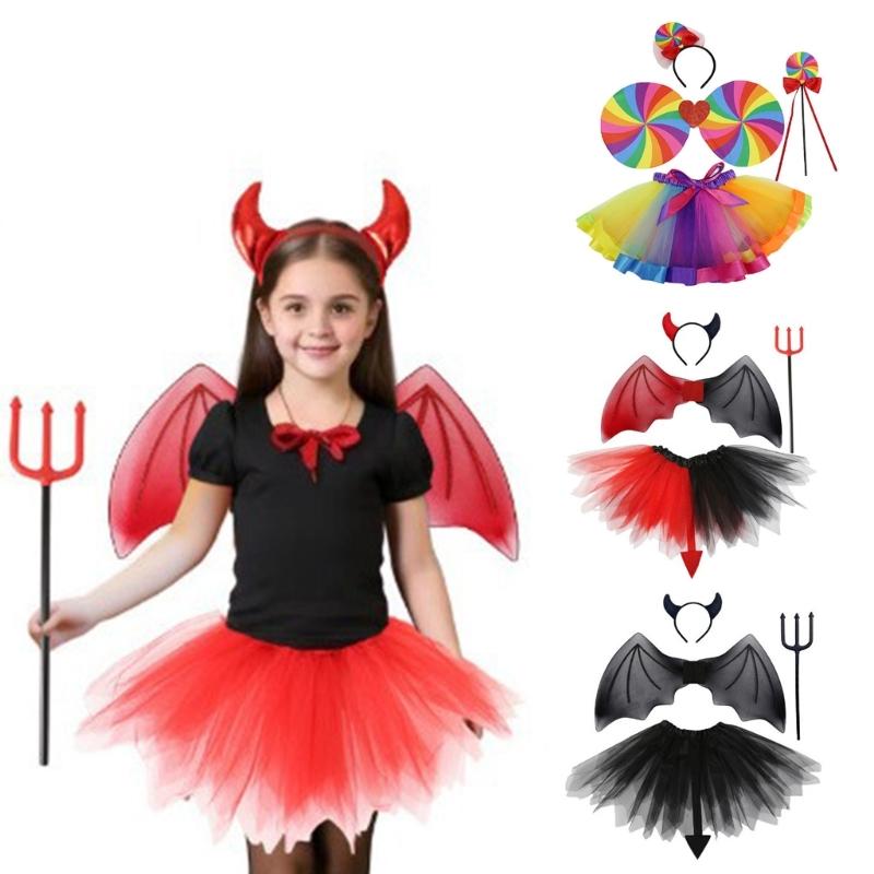 Devil Cosplay Set Rainbow Color Princess Costumes Includes Skirt, Wing, Wand and Headband for Kid Birthday Halloween