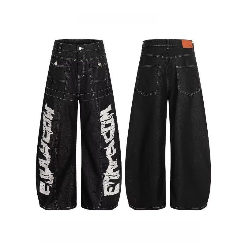 Jeans Larghi Unisex a Vita Media Deostrutturati Vestibilità Larga Vintage Americano Lavato Baggy in Denim Pantaloni Rilassati Lunghi Fino a Terra