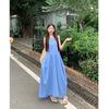 French holiday style temperament blue vest dress women's summer new design feeling waist thin a word long dress