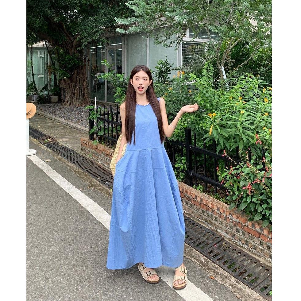 French holiday style temperament blue vest dress women's summer new design feeling waist thin a word long dress