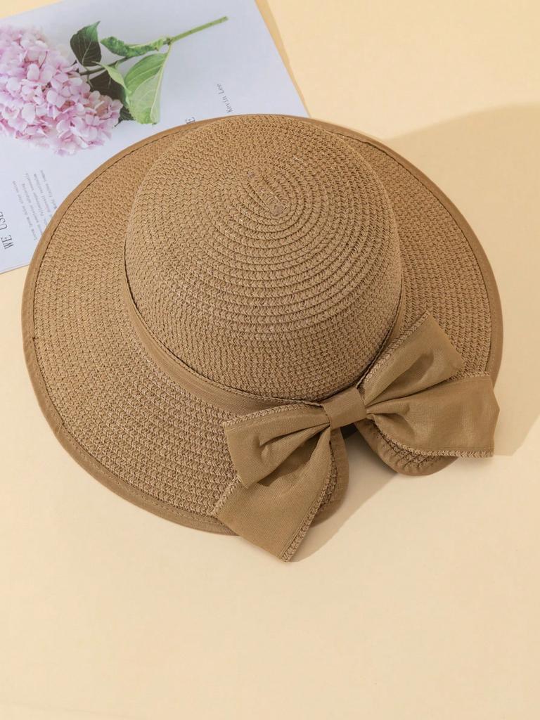 Fashion Straw Hat, Sun Hat, Casual Bowknot Decor Hat For Women,UV Protection,Suitable For Outdoor,Beach,Lightweight And Stylish