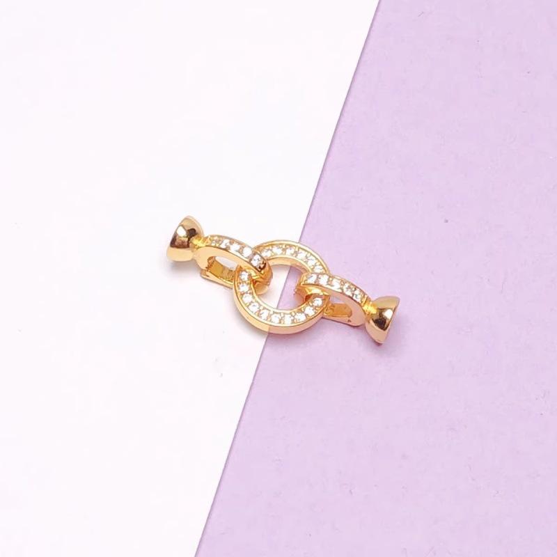 18k Gold-Plated S925 Sterling Silver Round Double Ring Pearl and Crystal Necklace Clasp for DIY Beading.