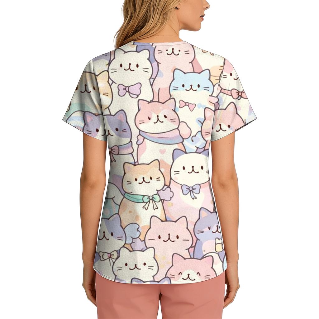 Women's Casual Short-Sleeve Cute Animal Print V-Neck Pocket Workwear Top