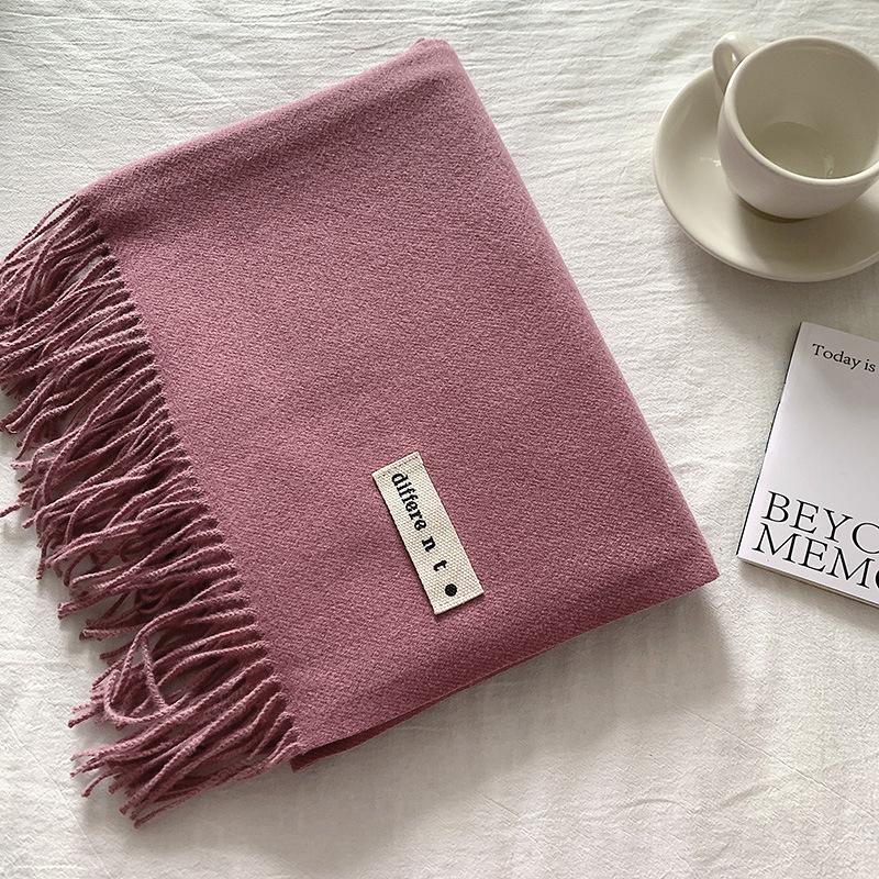 Flowing Fringe, Color-blocked, Simple Design, Faux Cashmere-like Scarf, Winter-thick, Cape-style, Student-friendly, Solid Color.