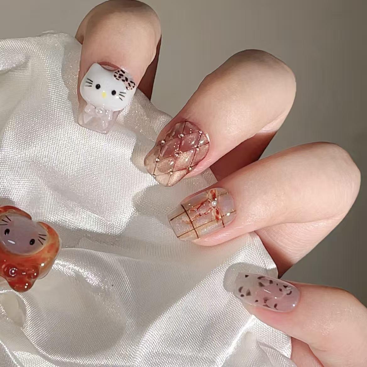 Cute Caramel Kitty 3D Hat Nails with Plaid Leopard Bow - Girly Short Handmade Nails Extra Small