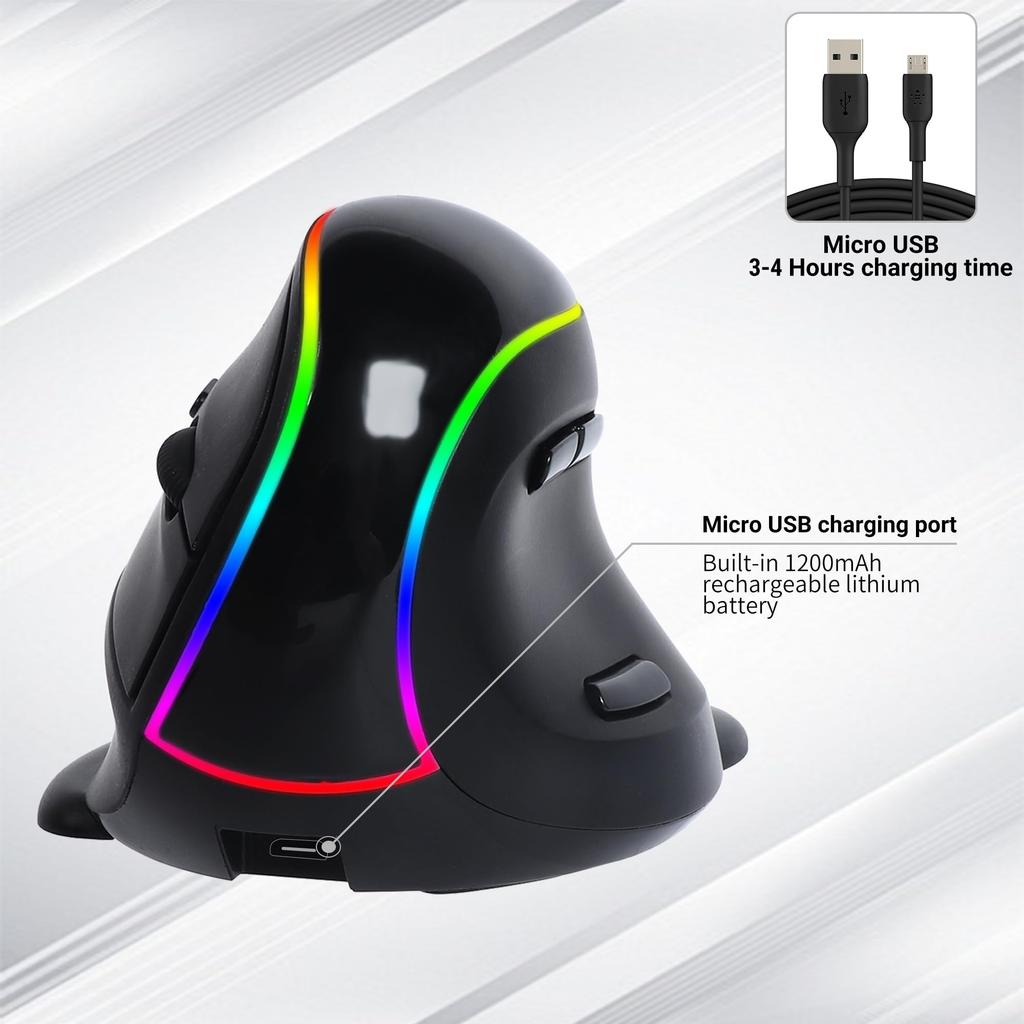 Vertical Wireless Mouse, USB, Bluetooth 5.1 Connection, 3 Modes, Large Size, RGB Lighting, Silent Operation, Rechargeable, 7 Buttons, Ergonomic