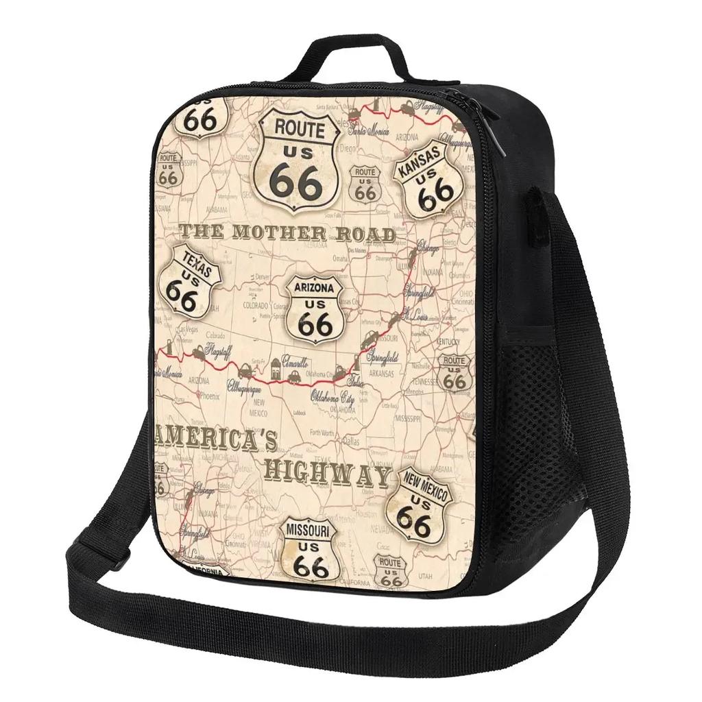 Motorcycle Ride Route 66 Insulated Lunch Bags for US Numbered Highways Resuable Thermal Cooler Food Lunch Box Work School Travel