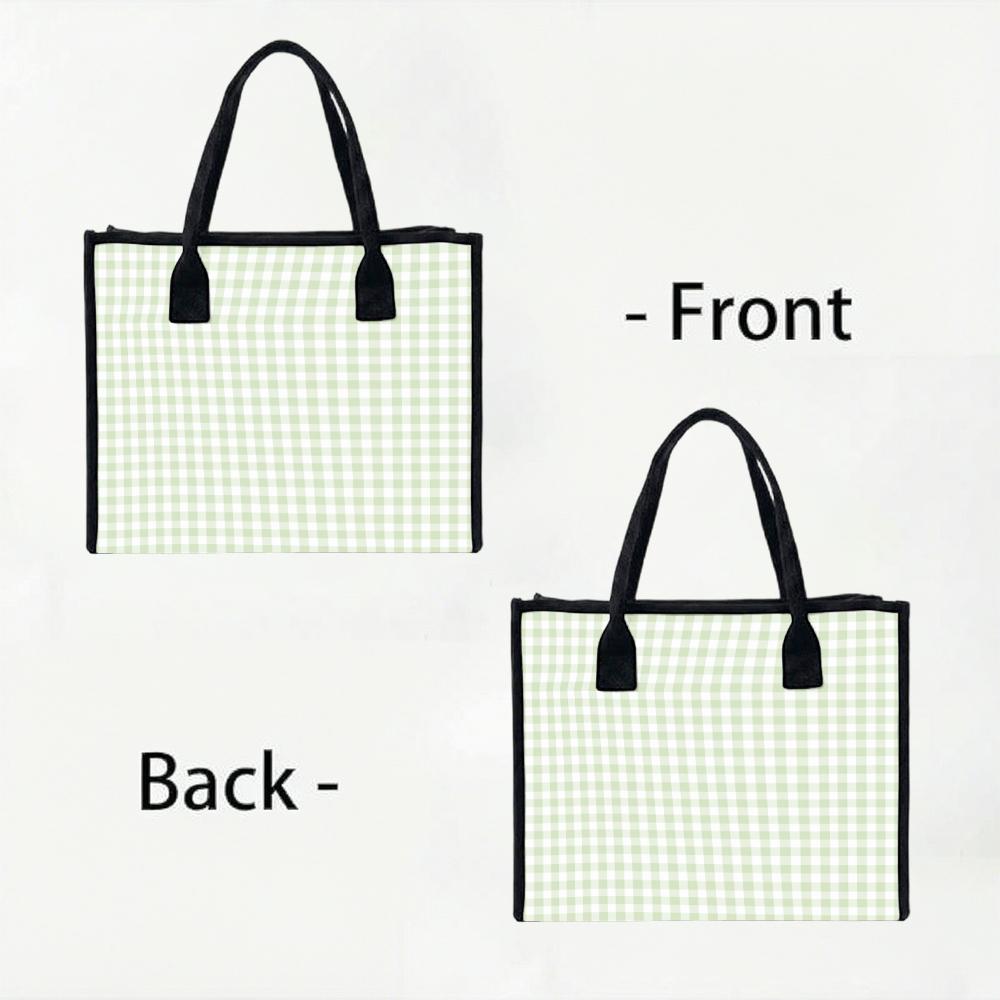 Light Green Gingham Canvas Tote Bag Casual Daily Large Capacity Women Shopping Handbag