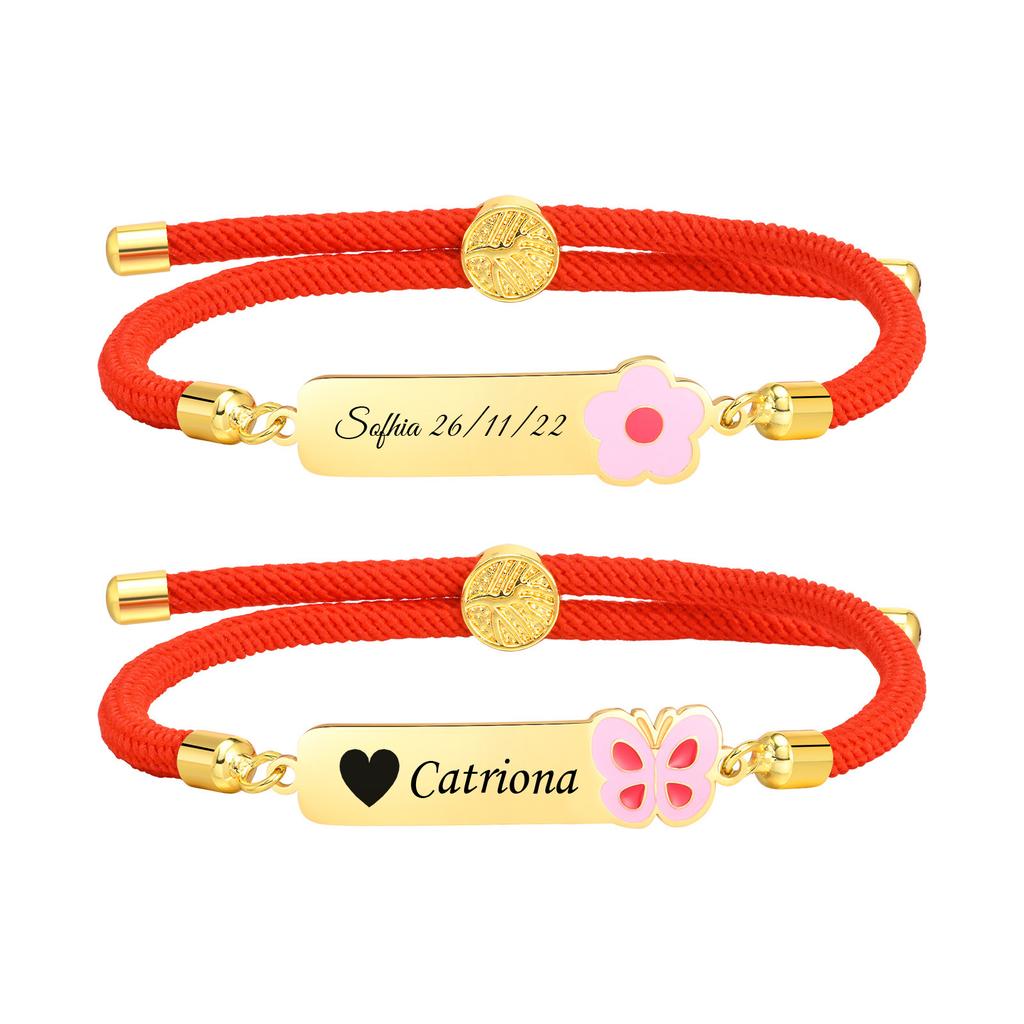Personalized Baby Name Bracelet, Red String Adjustable,charms Flower Butterfly Stainless Steel Bar ID Bracelet for Kid Child