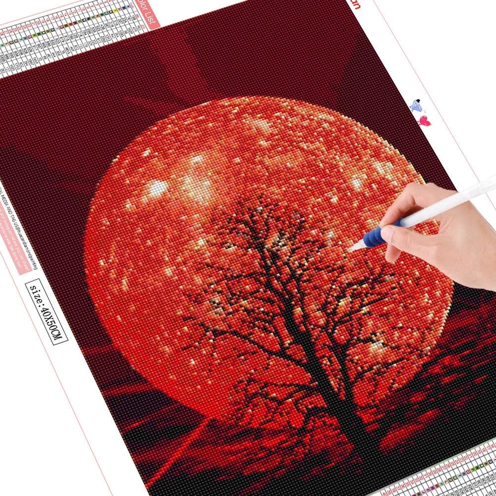 huacan 5D DIY diamantová malba Červený měsíc Diamantová výšivka Křížový steh Krajina Kamínky Mozaika Domácí dekorace