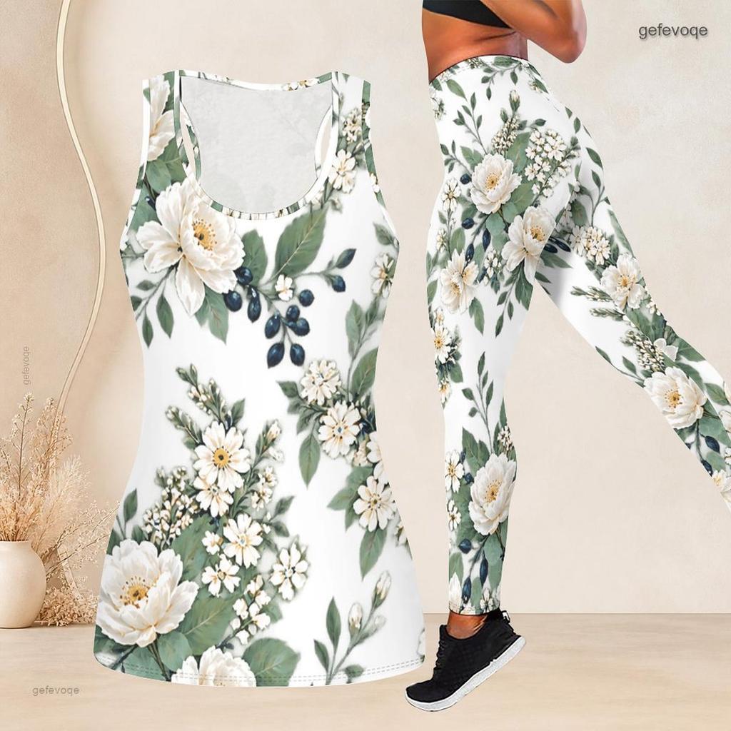 Women Plus Size Two Piece Set Scoop Neck Sleeveless Floral Printed Longline Tank Top Fitted Leggings