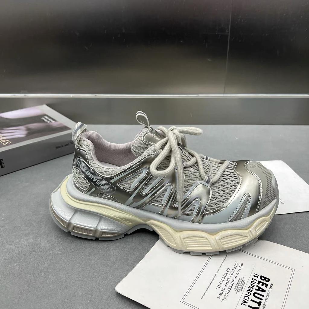 European leather summer mesh breathable thick-soled dad shoes women's 2025 new versatile height-increasing casual sports shoes trend