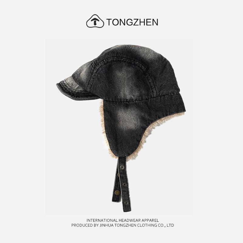 Warm Winter Fleece-Lined Denim Trucker Hat With Ear Flaps Unisex Retro Washed Cap Cold Weather