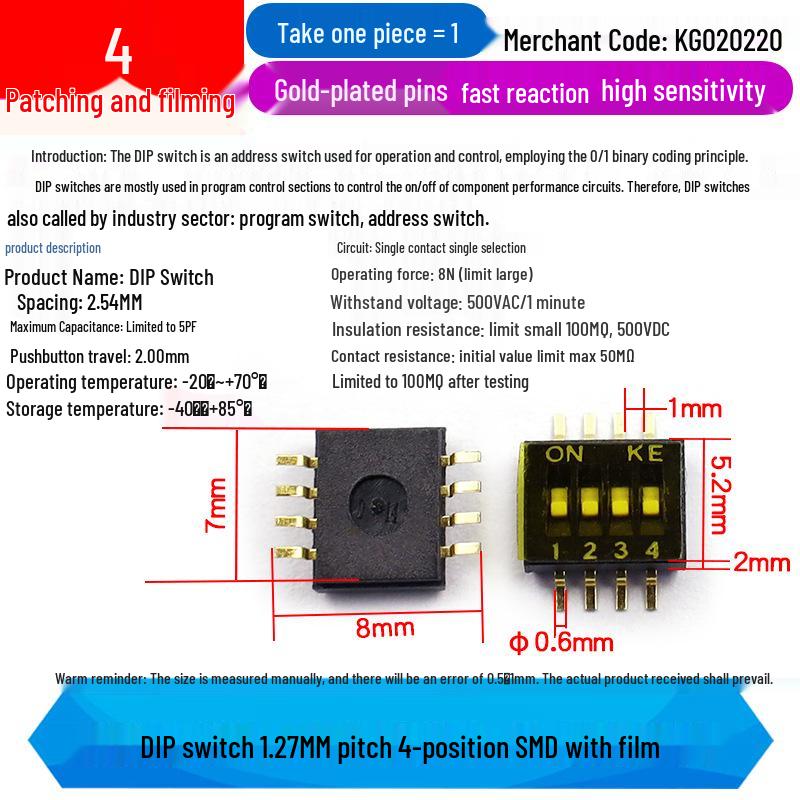 SMD DIP Switch, Flat Toggle, 2P 4-10 Positions, 2.54mm, Red/Blue/Black