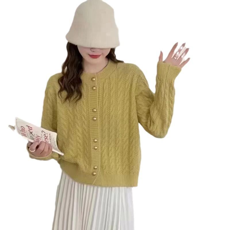 Retro Autumn and Winter Twist Crew Neck Pearl Buckle Knitted Cardigan Women's Soft Waxy Comfortable Versatile Sweater Jacket