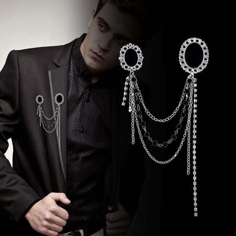 British Style Crystal Lapel Brooch High End Double Chain Pin Luxury Suit Badge for Men Wedding Business Banquet Decor
