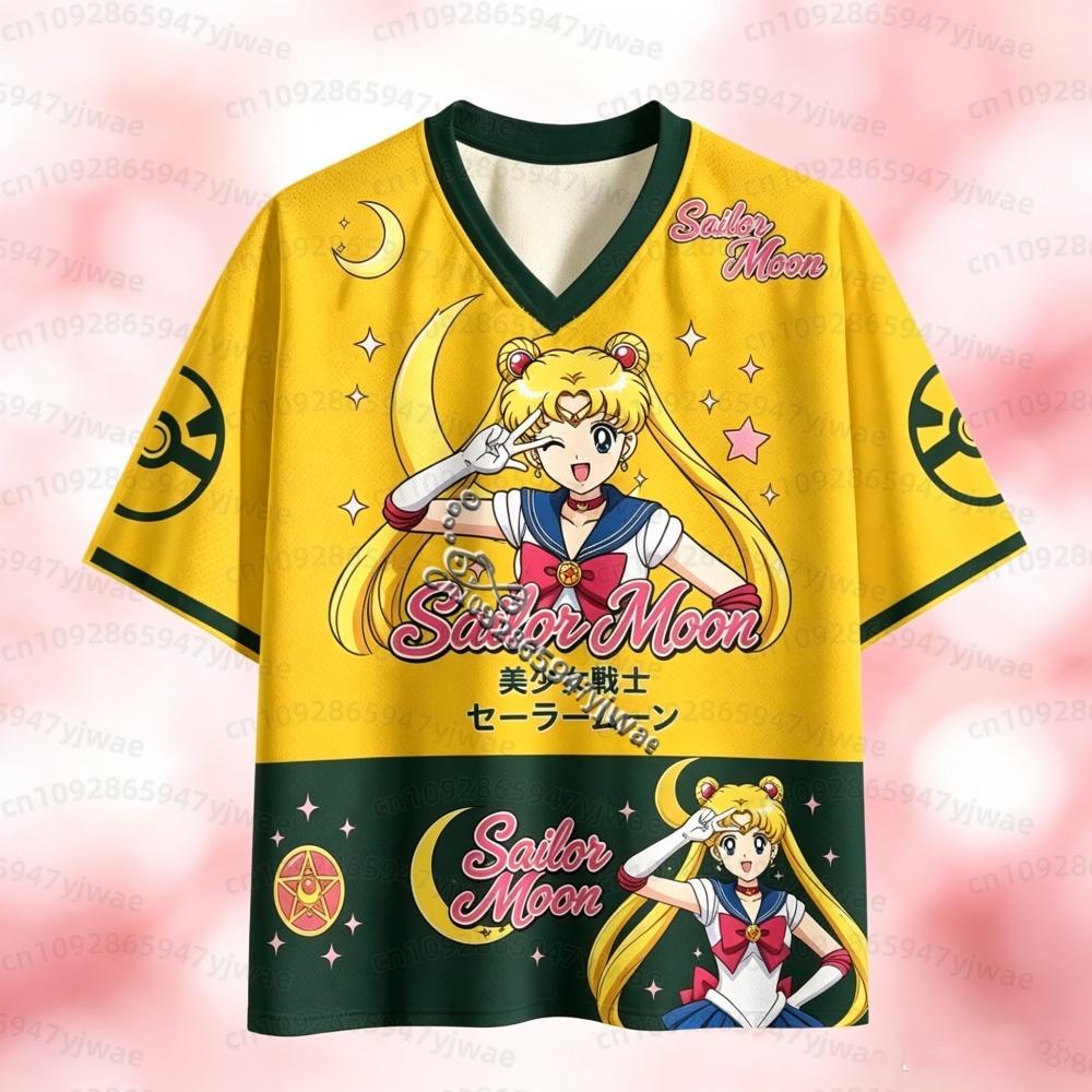 26 Camiseta de Malla Anime Sailor Moon Estampado Tsukino Usagi Cuello en V Manga Corta Camiseta para Mujer Hombre Ropa Urbana Harajuku Camiseta para Hombre