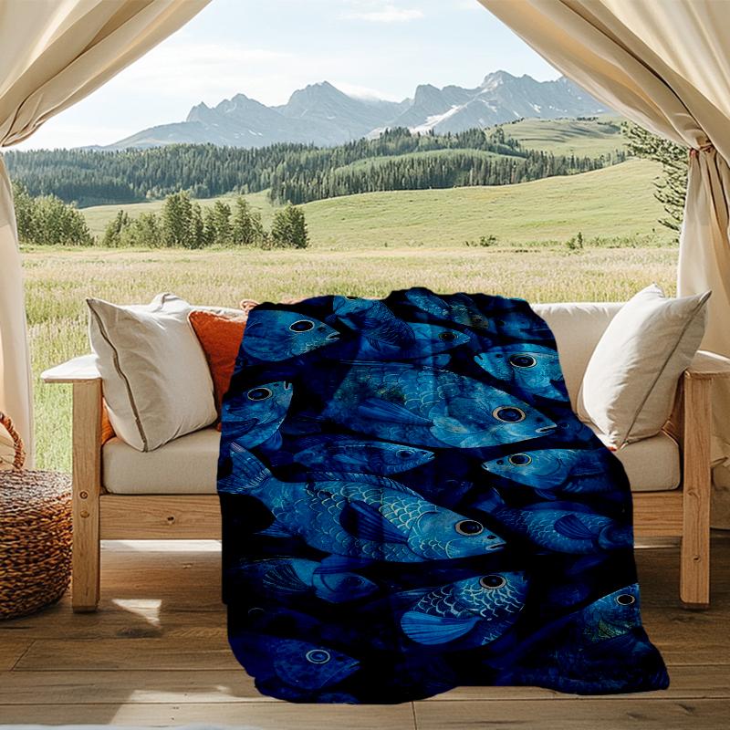 Blue Fish School blanket Personalized Name Flannel Blanket Soft Cozy Plush Throw for Sofa Bed Lightweight Home Décor