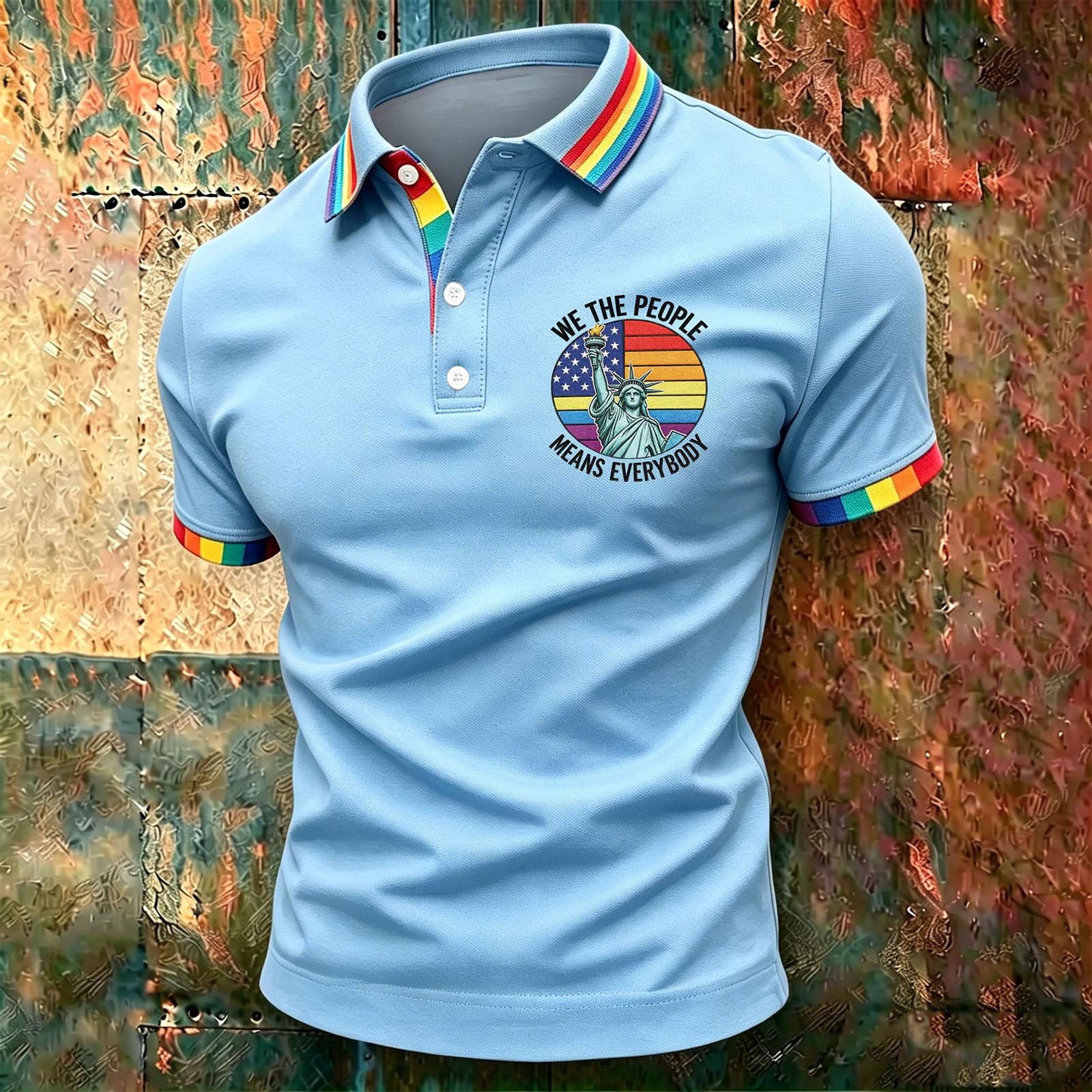 

Men’s Short Sleeve Polo Shirt with Button Placket and Rainbow Trim Statue of Print Casual Fit XXXXL