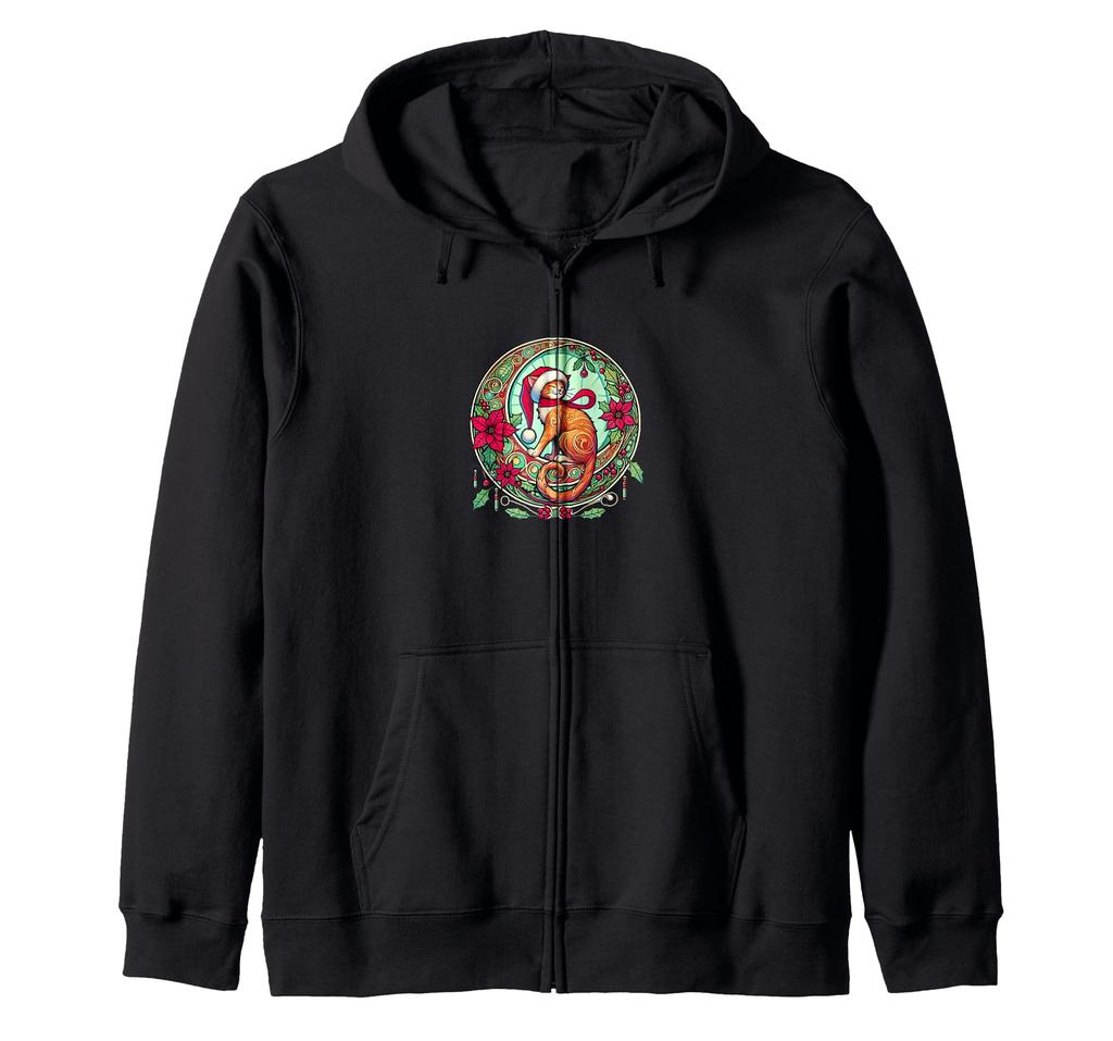 Christmas Ginger Cat Santa Hat Illustration Art Nouveau Zip Hoodie