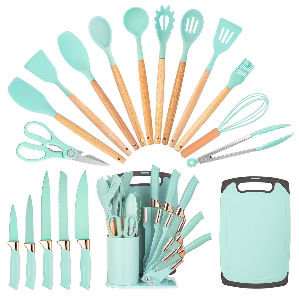 19pcs Premium Silicone Kitchen Utensil & Knife Set - Heat-Resistant, Non-Stick Safe Cooking Tools With Wooden Handles & Chef Knives