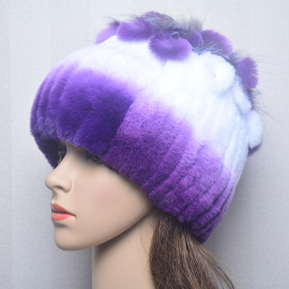 Fluffy Winter Real Fur Hat Natural Rex Rabbit Fur Warm Cap Ladies Knitted 100% Geunine Fur Hats