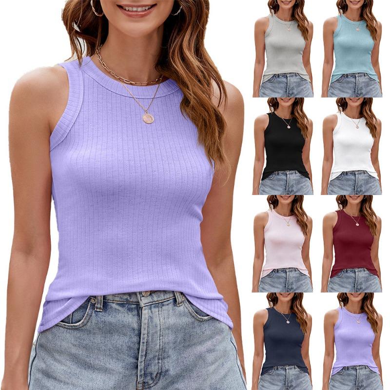 Damen Sommer Einfarbig Rundhals Slim-fit Tanktop T-Shirt Top