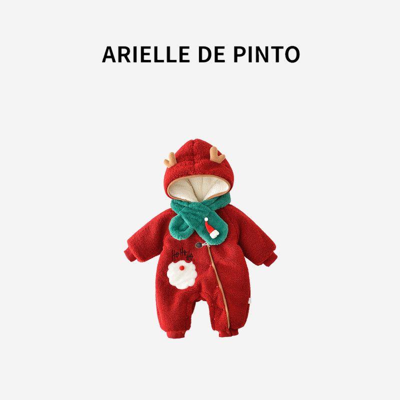 French Arielle De Pinto Baby Fall and Winter Christmas New Year Clothes Fleece-lined Thickened Rompers Baby Jumpsuit Red 90cm