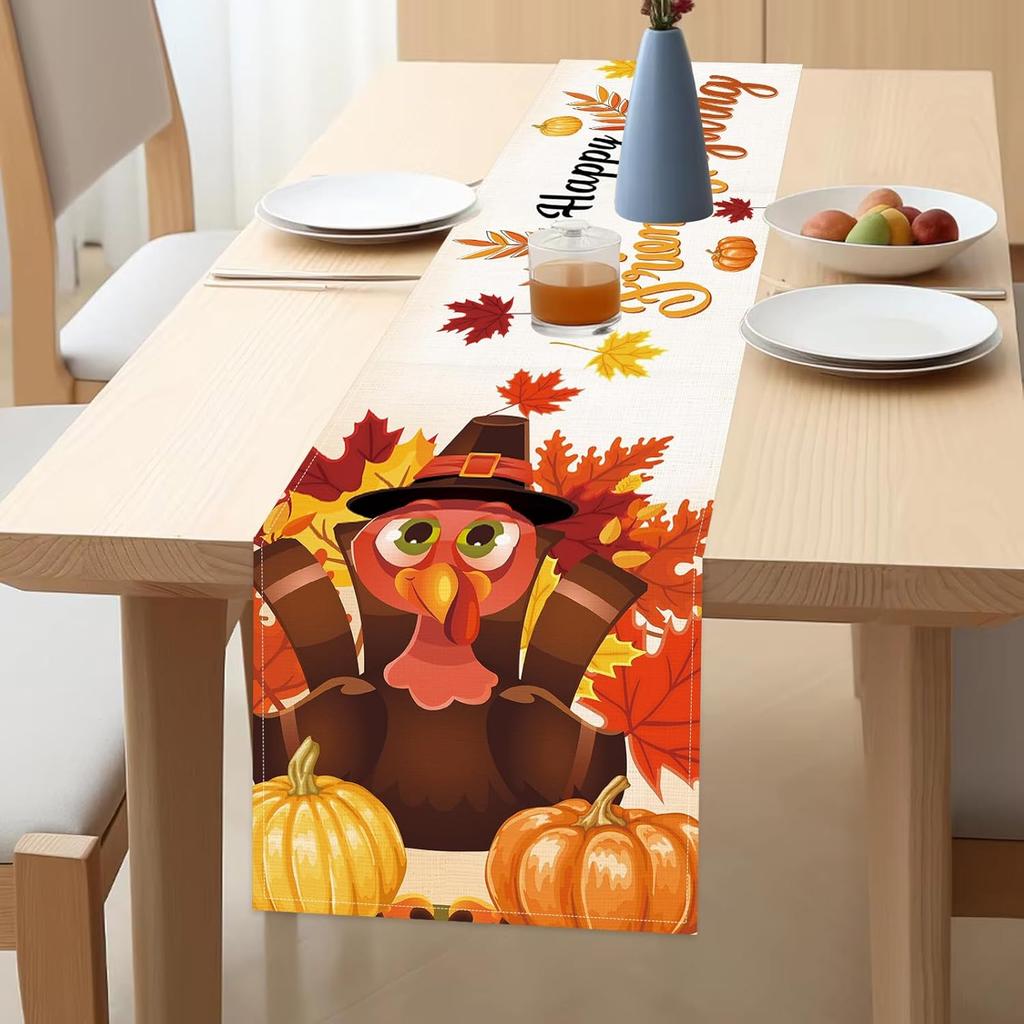 Friendsgiving Table Runner Friendsgiving Tablecloth 13x72in Long Linen Fall Turkey Maple Leaves Pumpkin Happy Friends Giving Runners for Indoor