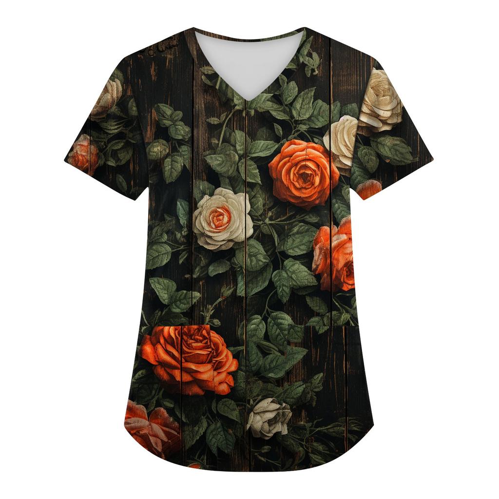 Plus Size Printed Scrub Working Uniform Tops For Women's V-Neck Christmas Print Short Sleeve Fun T-Shirts Workwear Tee With Pockets