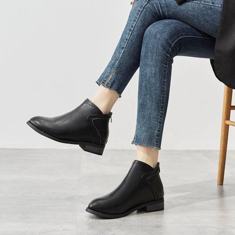 Western Style Short Boots Women's 2025 Autumn and Winter Round Toe Square Boots Thick Heel Back Zipper Fleece-lined