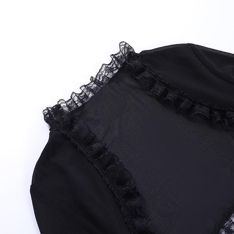 Dark Spring/Summer Lace Bell Sleeve Casual Black Cardigan Top