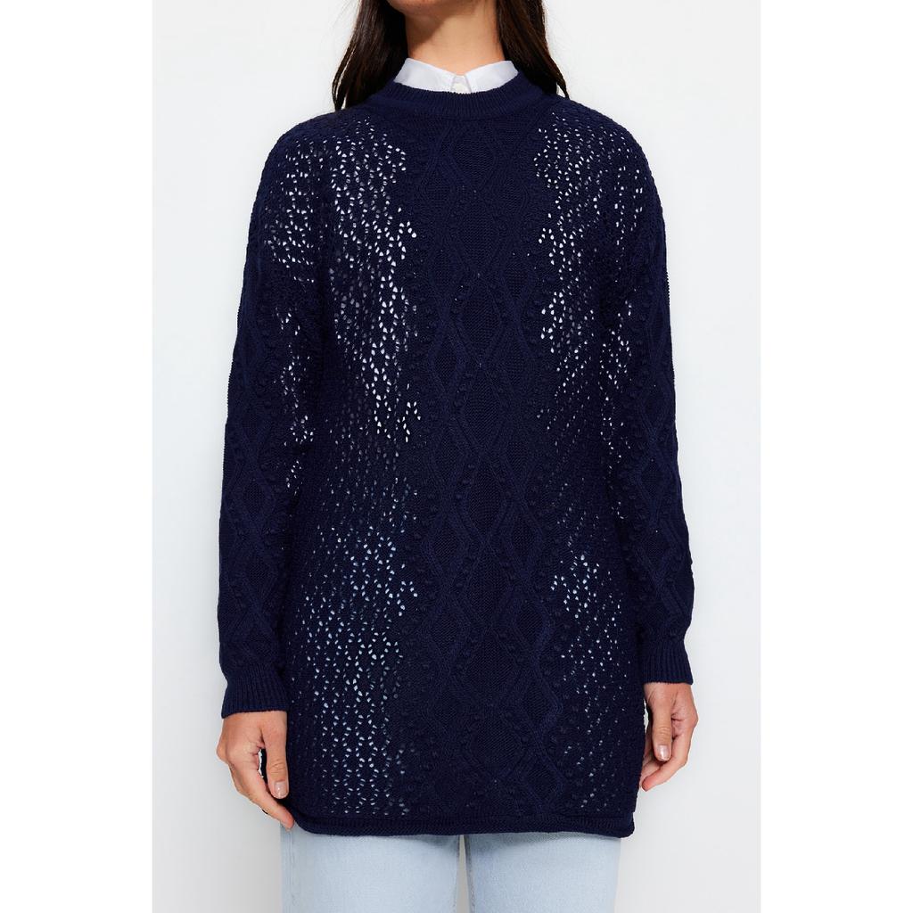 Navy Blue Openwork Knitwear Sweater Tctaw22ak0089