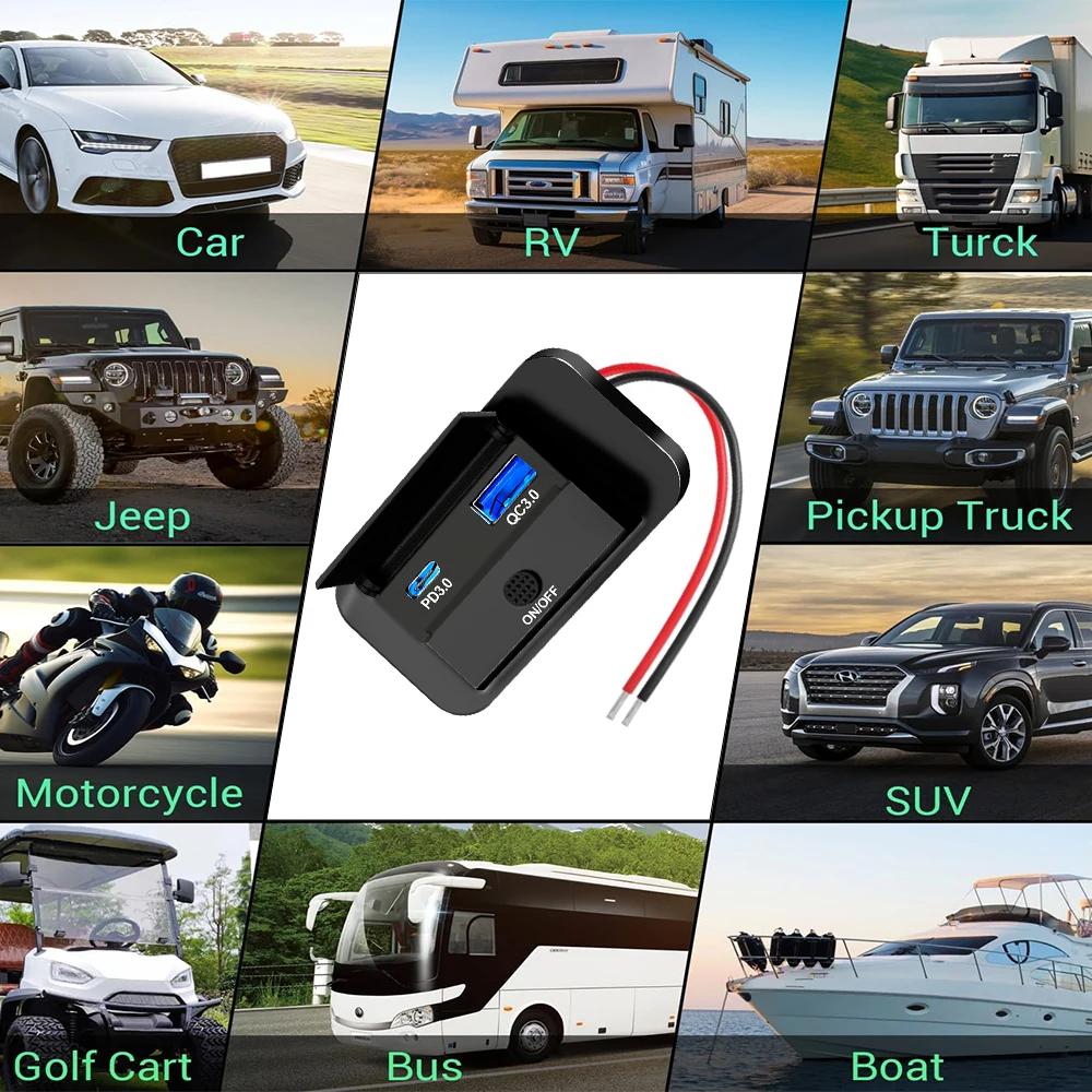 12V USB Outlet Surface Mount Lightweight PD USB C 30W and QC 3.0 18W Ports Replacement Charger Socket Panel with Button Switch