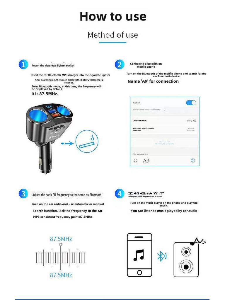 New Multi-function MP3 Bluetooth USB Player with Dual Cigarette Lighter & 66W Fast Charging Car Charger