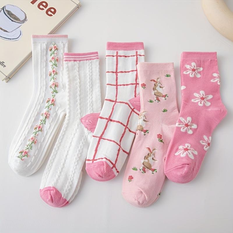 

5 пар женских носков до середины икры - Цветочный принт, клетчатая и плетёная текстуры с милыми рисунками кроликов и цветов, мягкие дышащие всесезонные повседневные носки 5 Pairs
