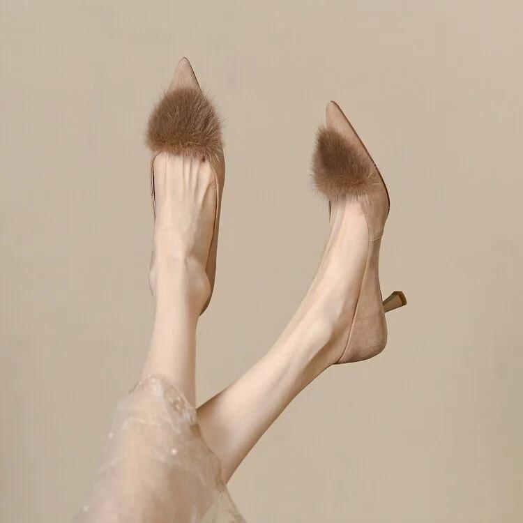 Fashion New Women s Pumps Faux Fur Boat Shoes Pointed Toe Med Heels Office Lady Shoes Black Slip on Thin Heels Dress Shoes Autumn 9981N 35 3196₽