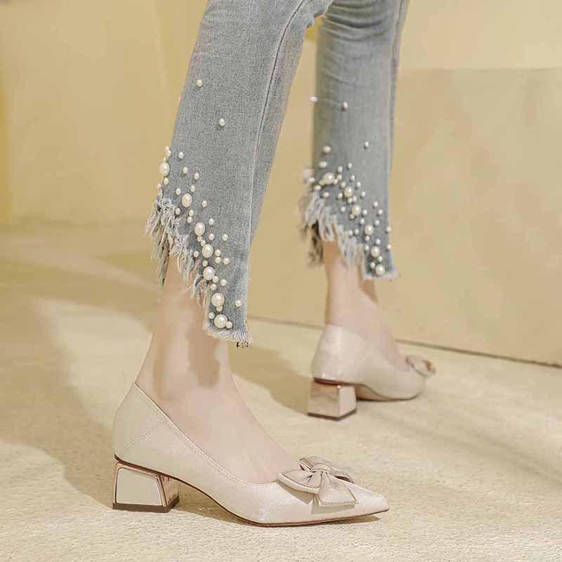 Medium heel single shoes new satin red wedding shoes light mouth bow women's shoes pointed high heels thick heel