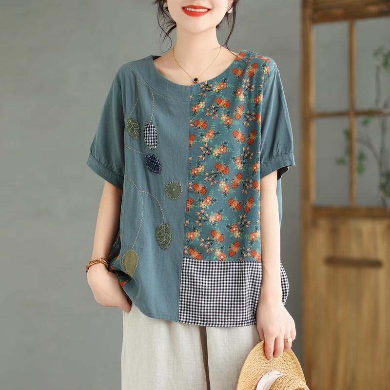 DIMANAF 2024 Verão Plus Size Mulheres Camisetas Estampa Floral Elegante Manga Patchwork Tops Tees Solto Casual Camisa de Linho 91688