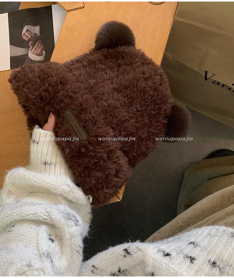 

Elegant Bear Plush Knit Hat For Women Winter Warm Thick Faux Fur Cap Beanie темно-коричневого