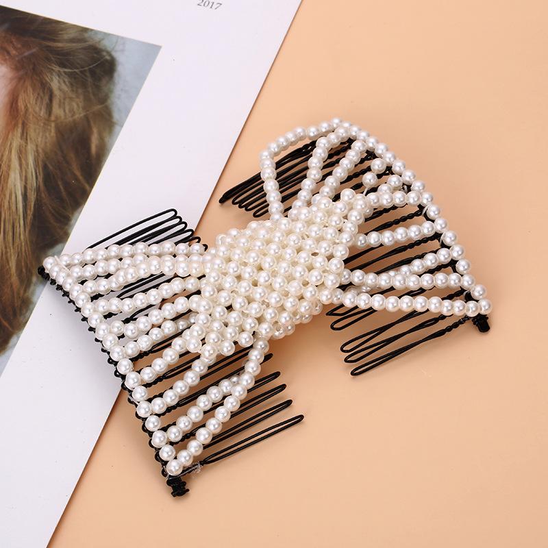 Women DIY Hair Accessories Pearl Beaded Elastic Hair Claw Hairpin Magic Comb Up-Do Hairstyle Bun Maker Tool Ponytail Hairdo Wolf