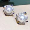 Huitan Gorgeous Women's Imitation Pearl Stud Earrings with Brilliant Blue/White CZ Novel Two Tone Luxury Trendy Wedding Zircon