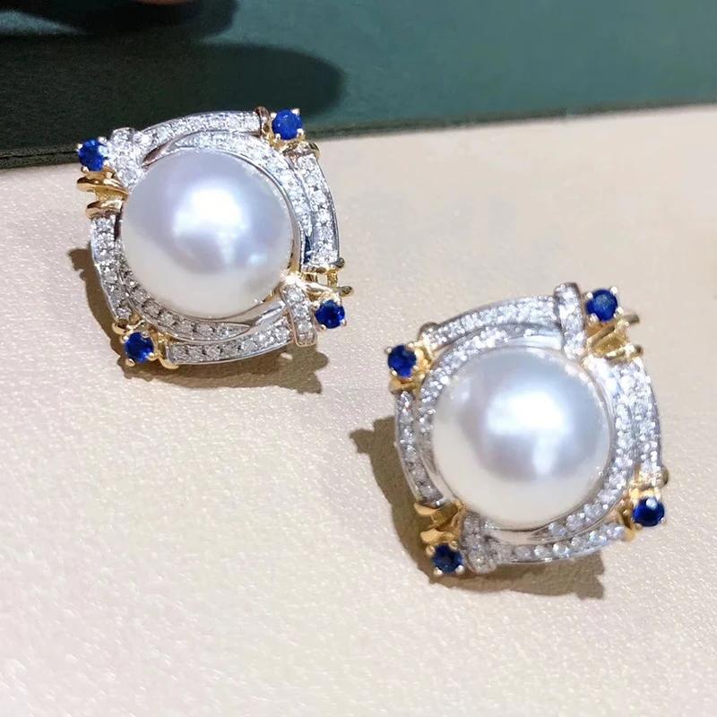 Huitan Gorgeous Women's Imitation Pearl Stud Earrings with Brilliant Blue/White CZ Novel Two Tone Luxury Trendy Wedding Zircon