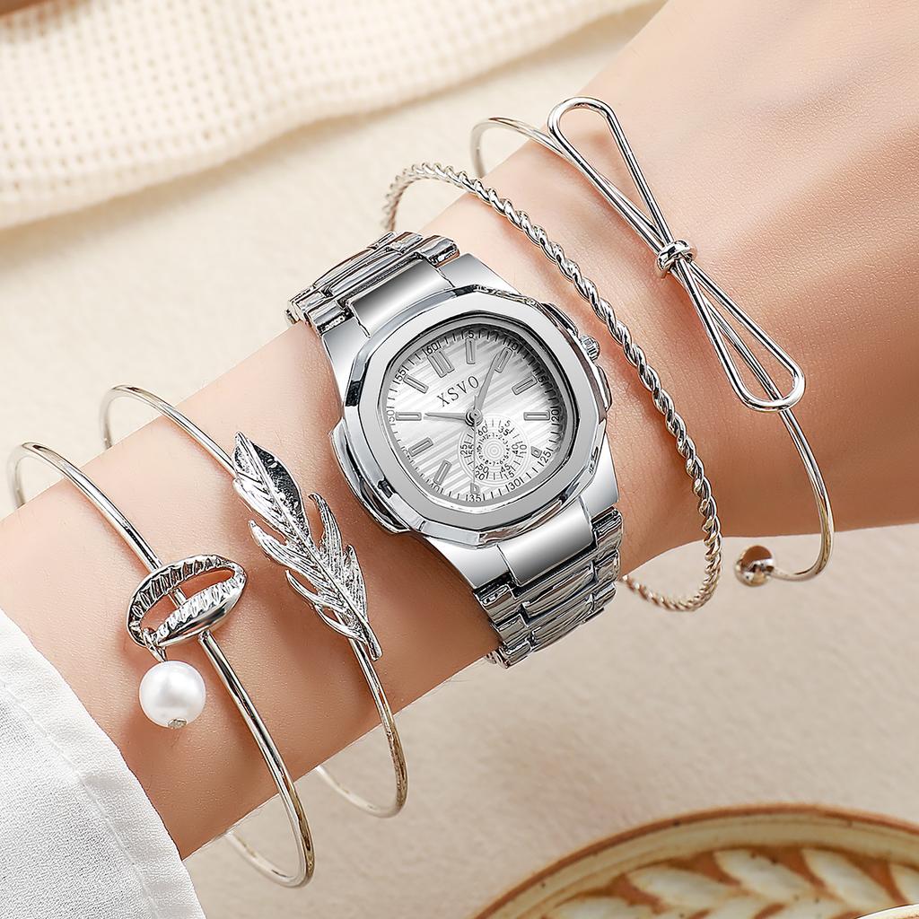 No Gift Box Classic Elegant Square Dial Calendar Wrist Quartz Watch   Pearl Bracelet 5 Piece Set